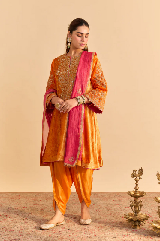 Eira - Silk Velvet Orange A-line Kurta With Dhoti with Dupatta