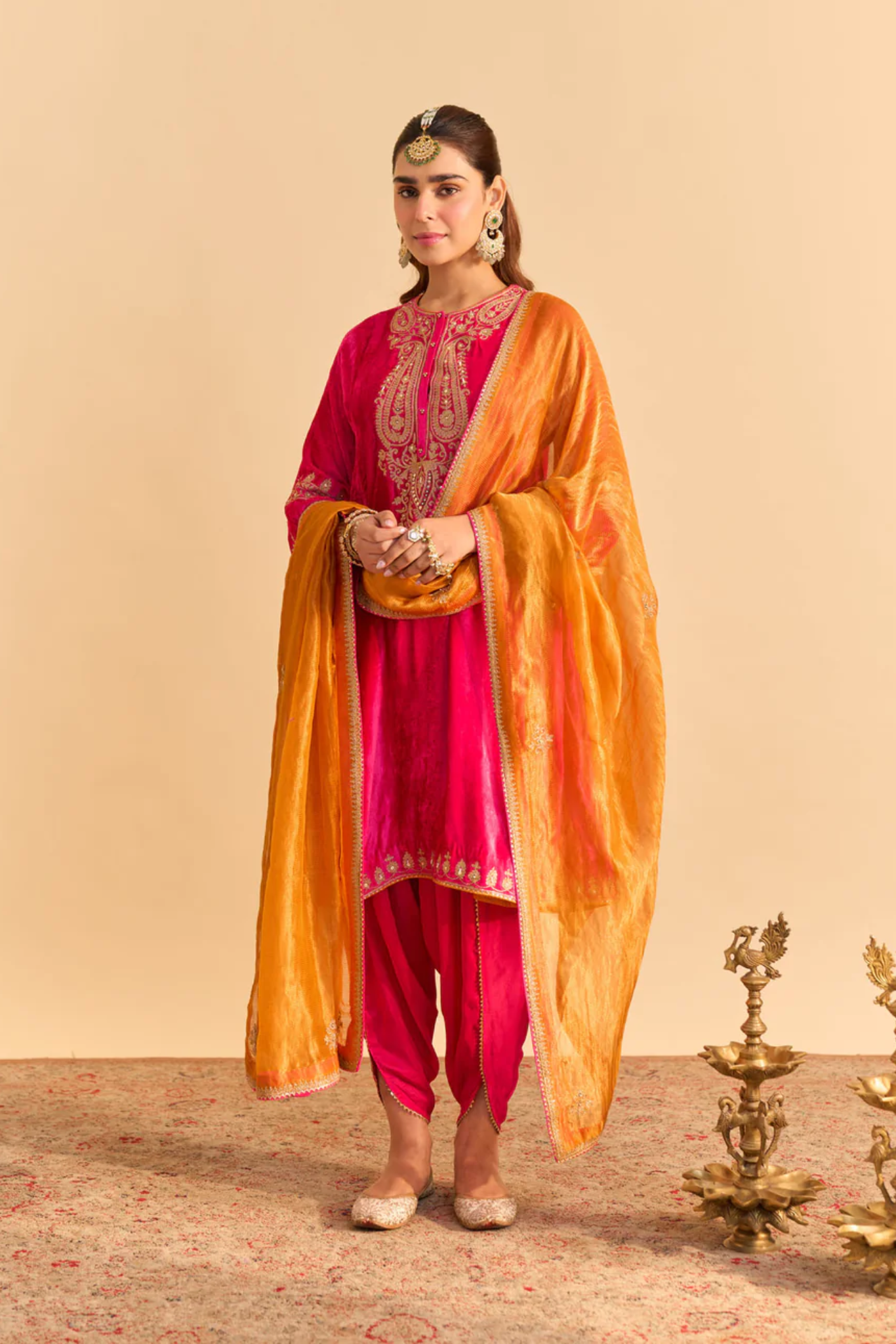 Amal - Silk Velvet Hotpink A-line Kurta with Dhoti