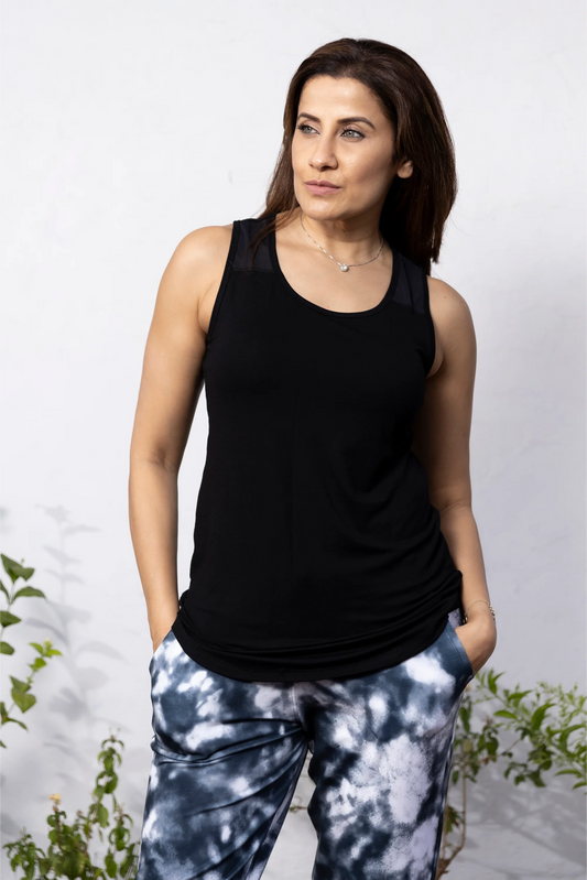 Pilates Has Your Back Printed Racer Top - Black