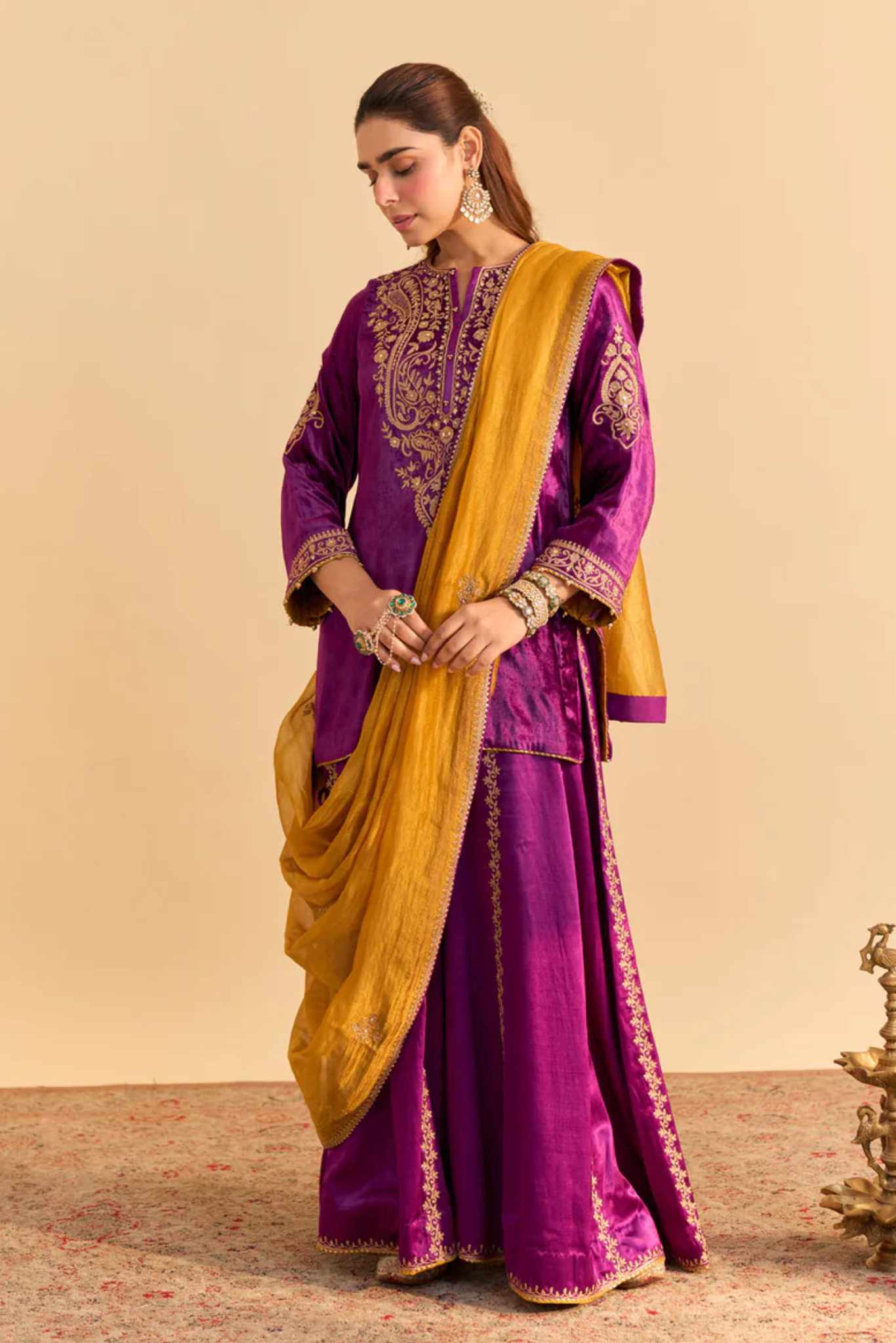 Aroob - Silk Velvet Deep Purple Kurta With Sharara And Dupatta