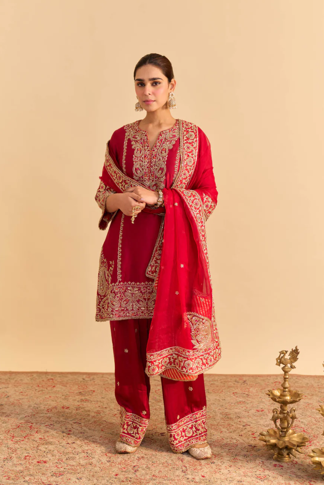 Dua Deep red Dabka Zardozi Embroidered Short kurta Set