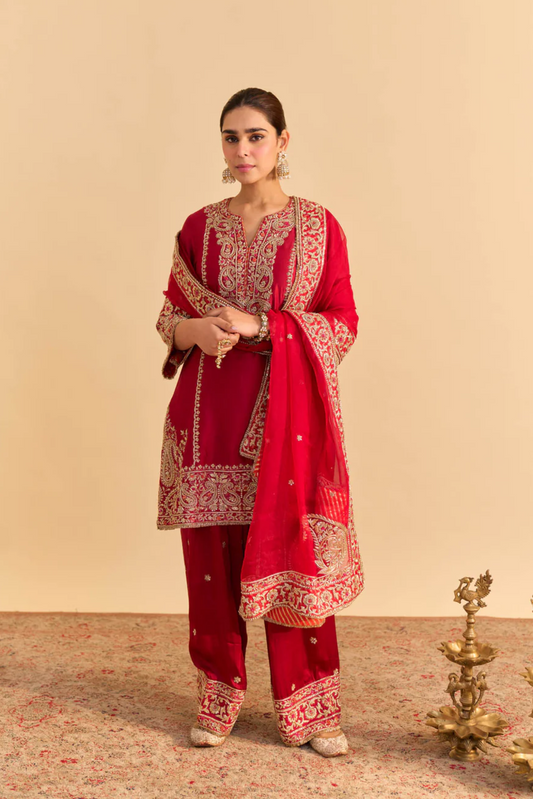 Dua Deep red Dabka Zardozi Embroidered Short kurta Set
