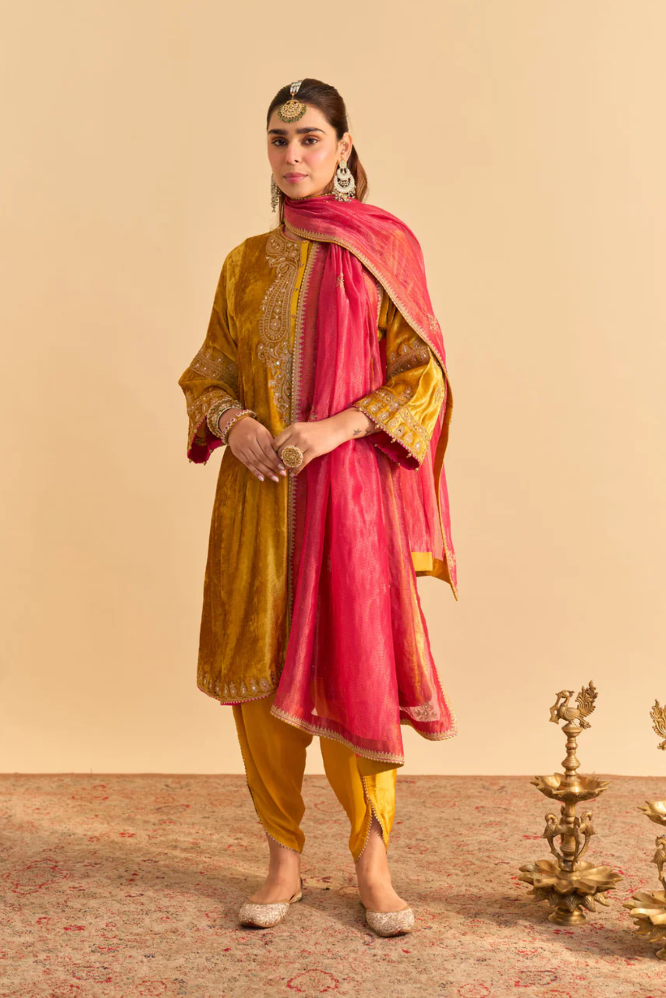 Amal - Silk Velvet Mustard A-line Kurta with Dhoti