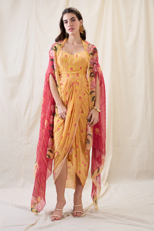 Ravya Drape Dress with Embellished Cape