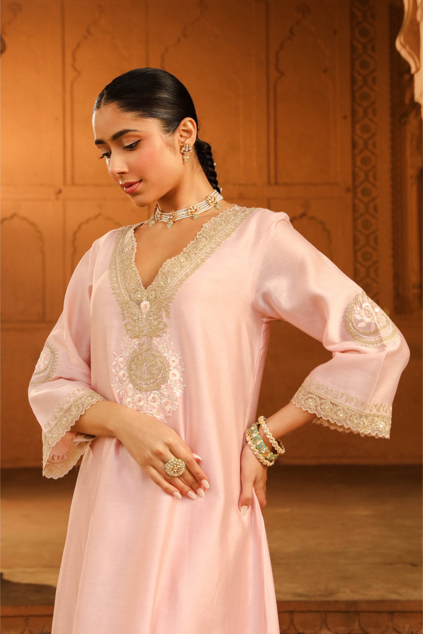 Sanvi A-line chauga with salwar - Blush Pink