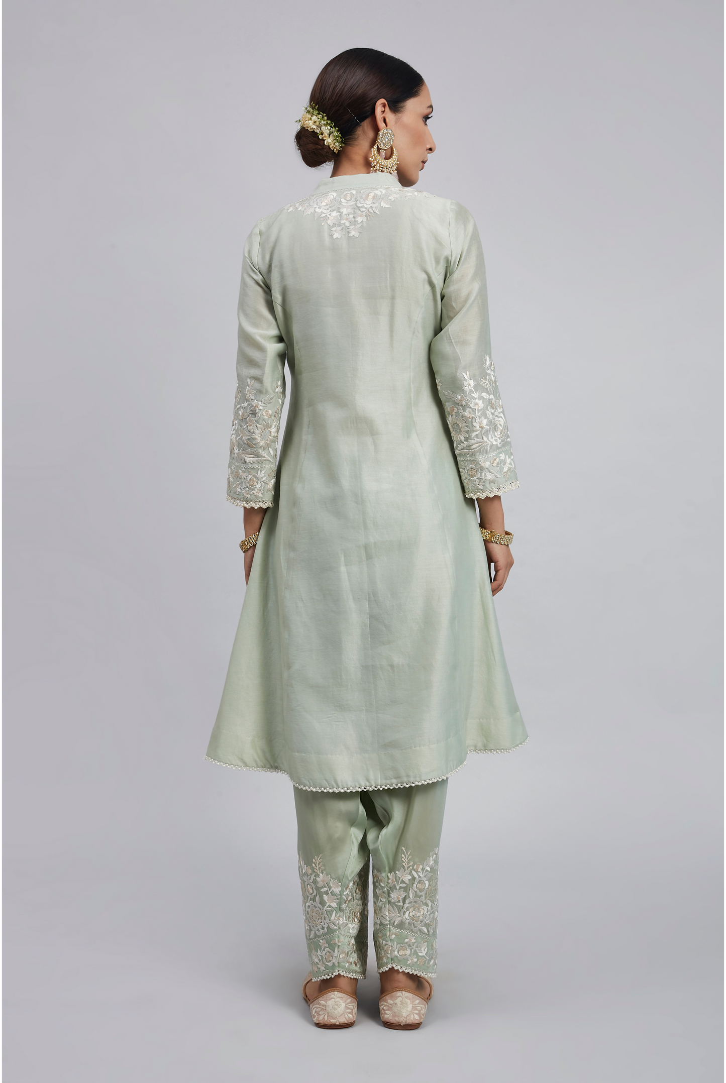 Kaina Pure Chanderi Silk Parsi Gara Embroidered Ensemble- Mint Green