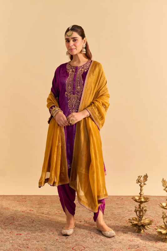 Amal - Silk Velvet Deep Purple A-line Kurta with Dhoti with Dupatta