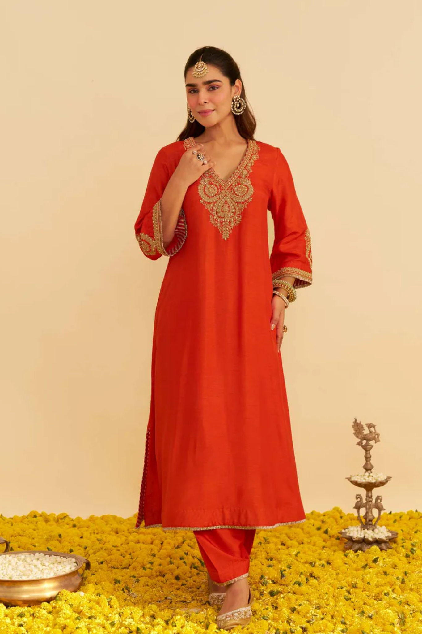 Haayat - Burnt Orange Long Kaftan With Salwar
