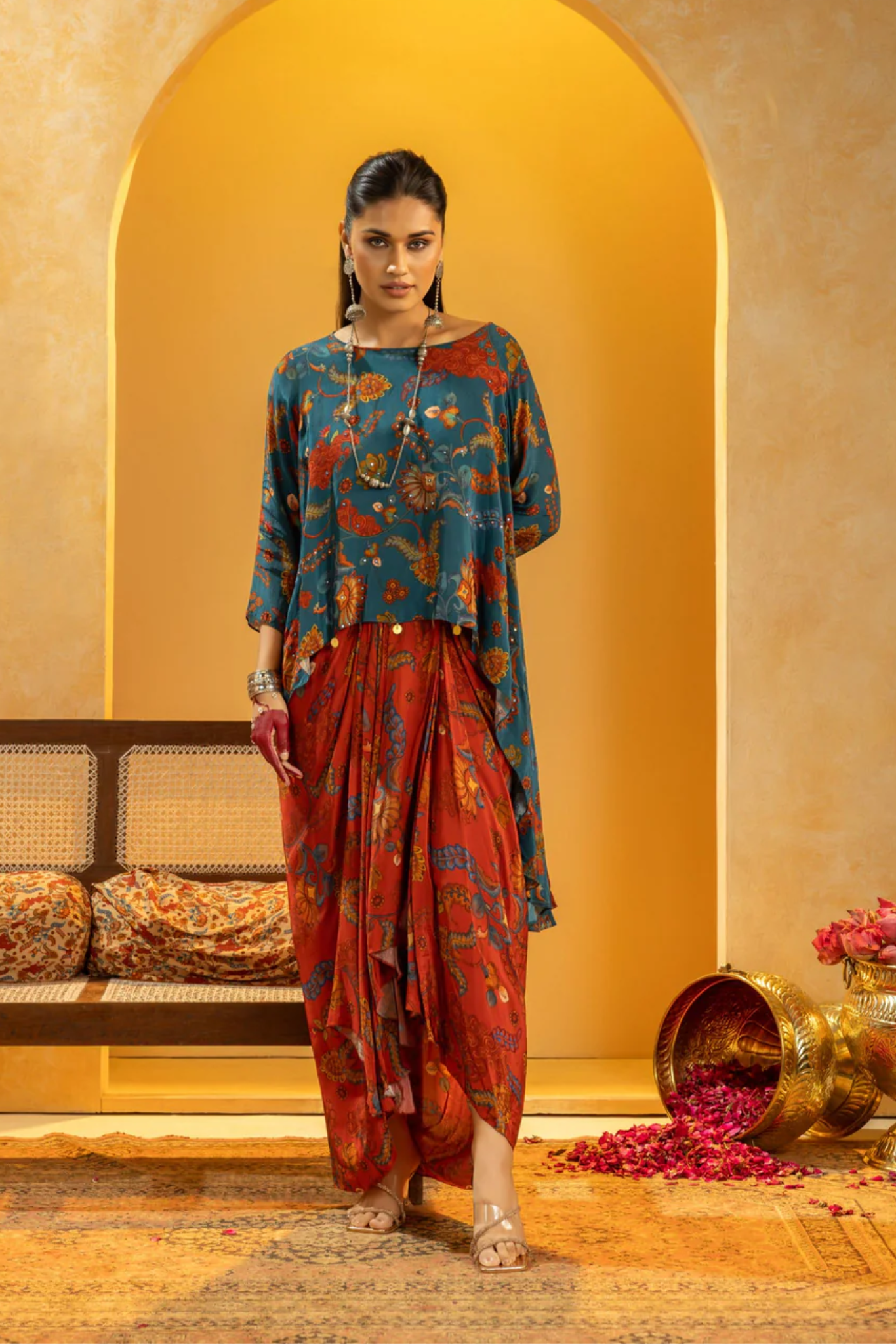 Rangtara embellished drape skirt set