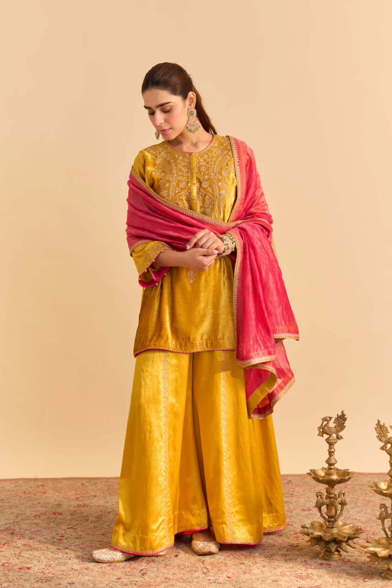 Aroob - Silk Velvet Mustard Kurta With Sharara And Dupatta