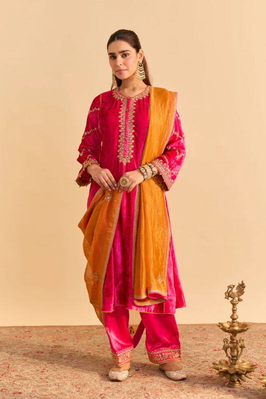 Azmiya - Silk Velvet Hotpink Chauga With Salwar and Dupatta