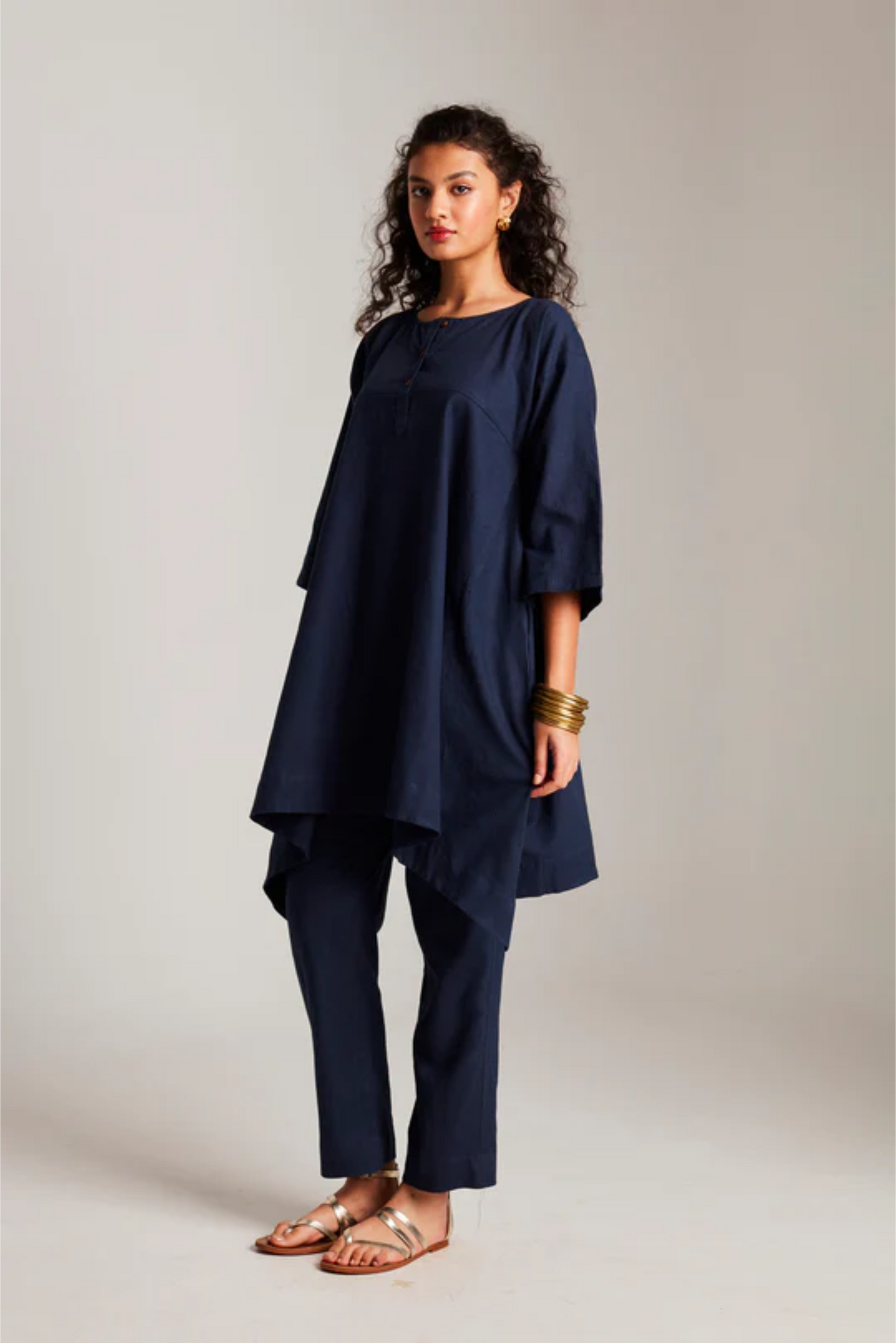 Navy Co-Linen High Low Kurta Set