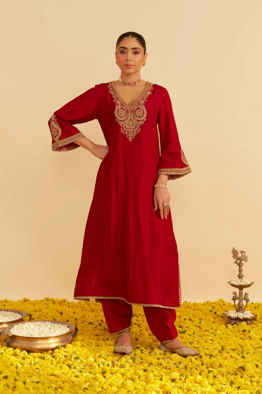 Haayat - Deep Red Long Kaftan With Salwar