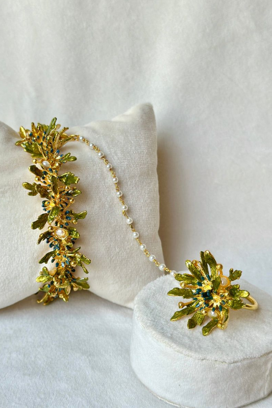 Blooming haathphool with pearls - Forget-me-not Blue
