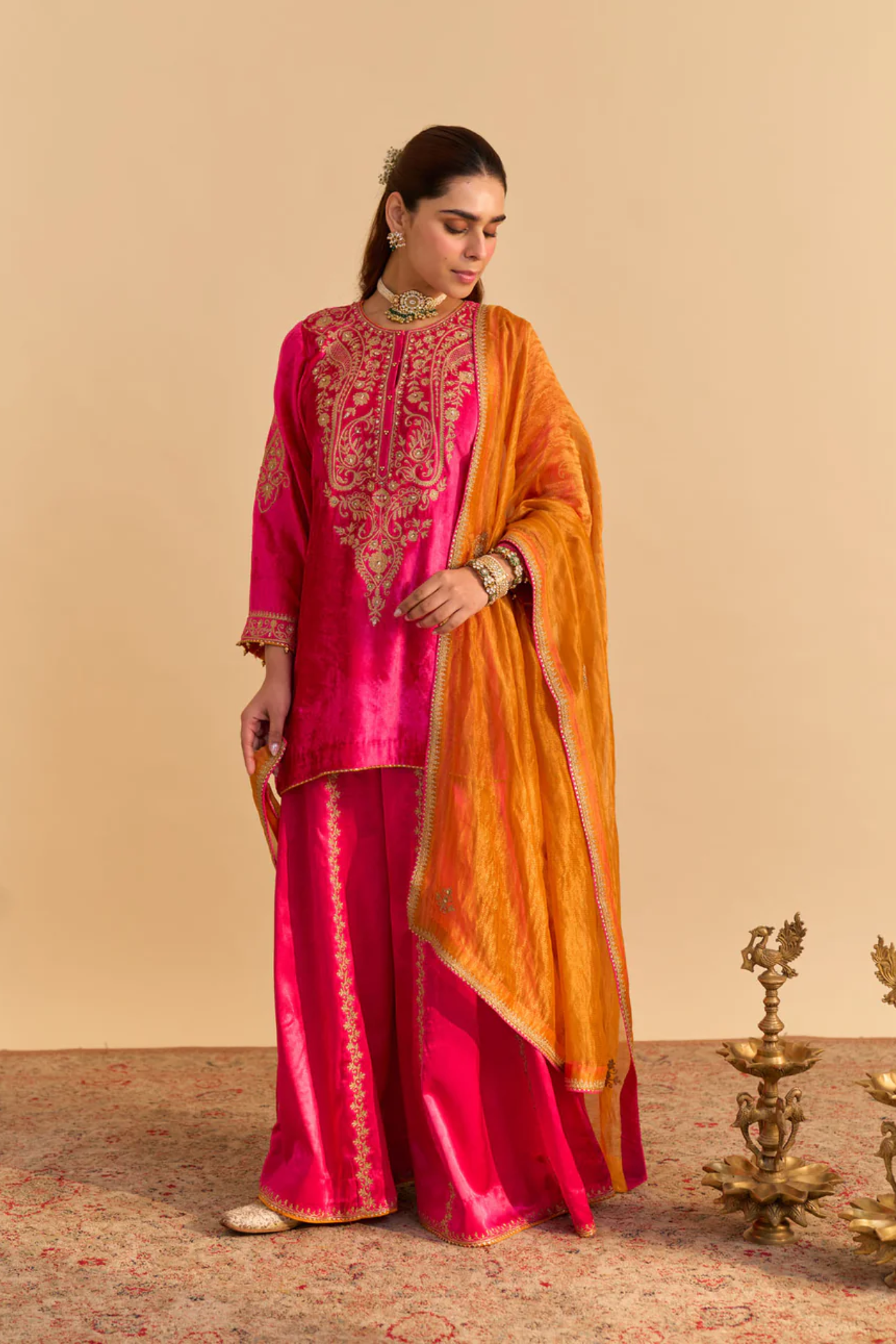 Aroob - Silk Velvet Hotpink Kurta With Sharara And Dupatta