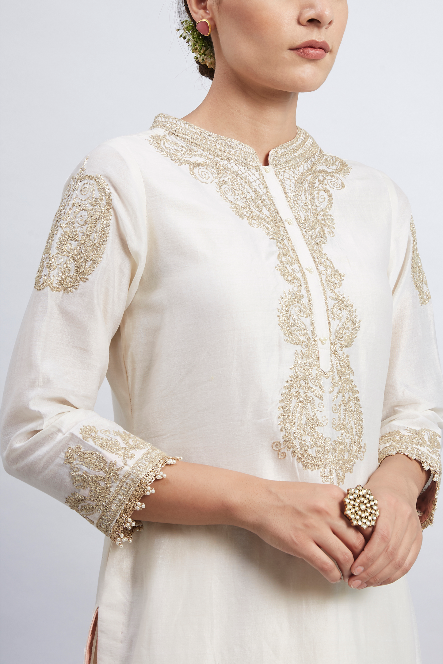 Aabisah Embroidered Kurta with Dhoti - Daisy Ivory