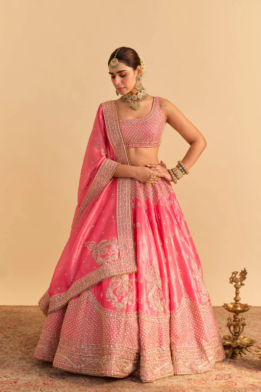 Aashina - Dabka Zardozi Embroidered Pure Tissue Carrot Pink Lehenga Set