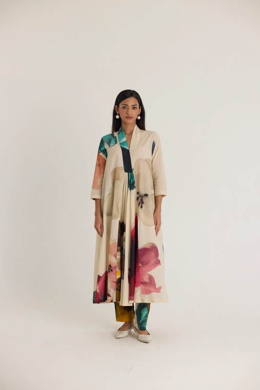 Lila V neck long Kurta Set