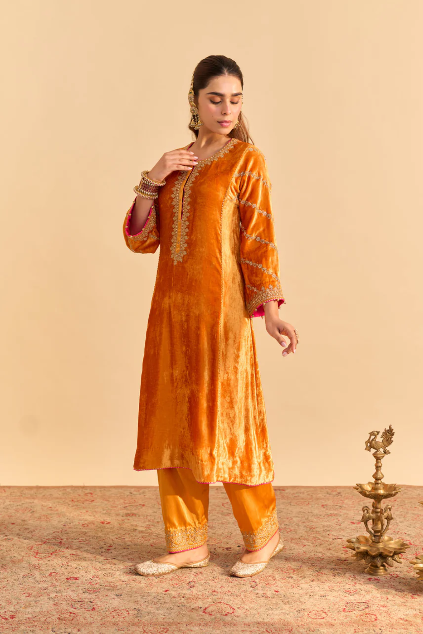 Azmiya - Silk Velvet Orange Chauga with Salwar
