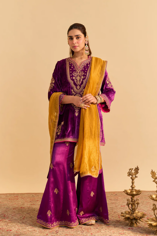 Nooren - Silk Velvet Deep Purple Kurta With Flared Palazzo And Dupatta