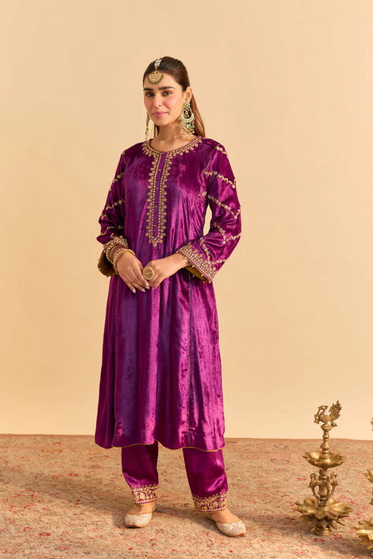 Azmiya - Silk Velvet Deep Purple Chauga With Salwar
