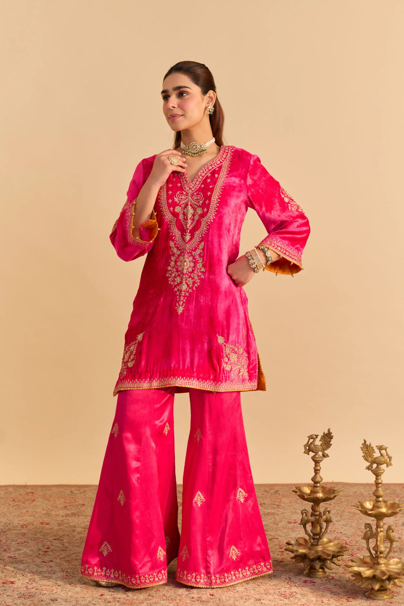Nooren - Silk Velvet Hotpink Kurta With Flared Palazzo And Dupatta
