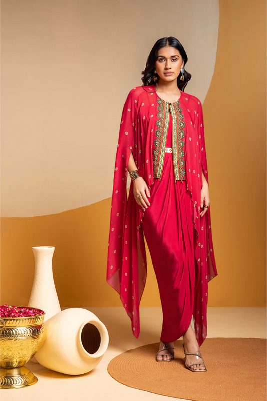 Taarani drape dress with embroidered cape