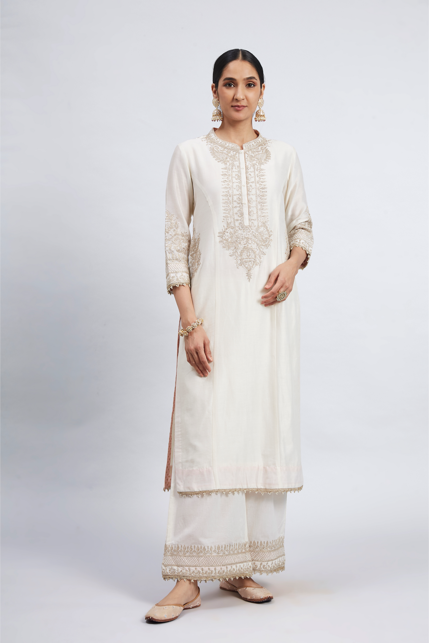 Aadah Princess Cut Long Kurta Set - Daisy Ivory