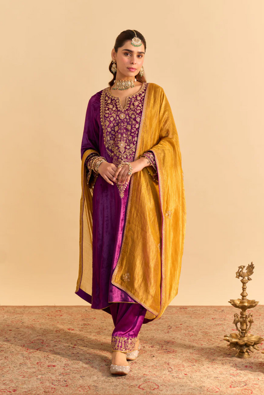 Fareeha - Velvet Silk Deep Purple Kurta with Salwar and Dupatta