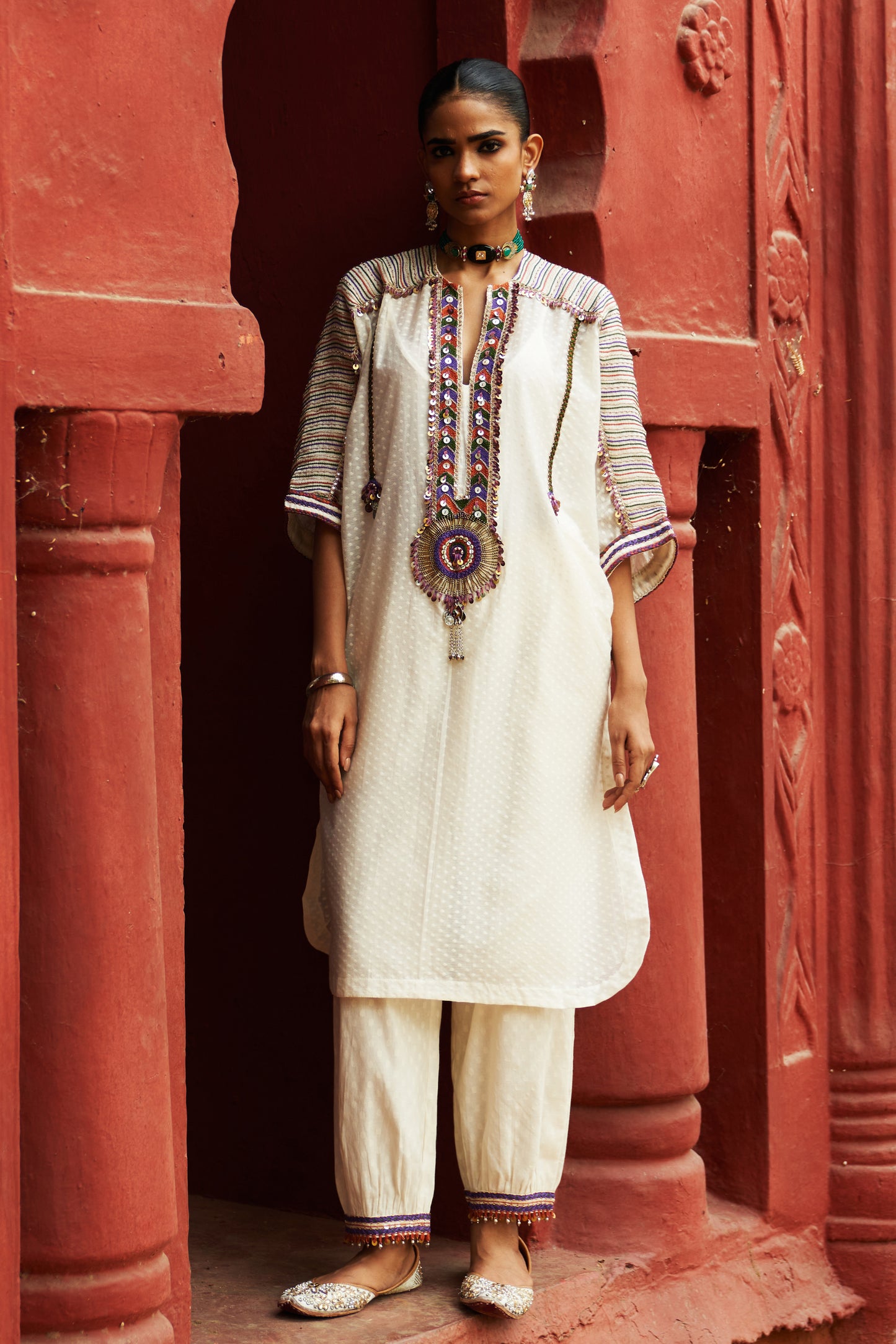 Ivory Long Kaftan Kurta with Pants