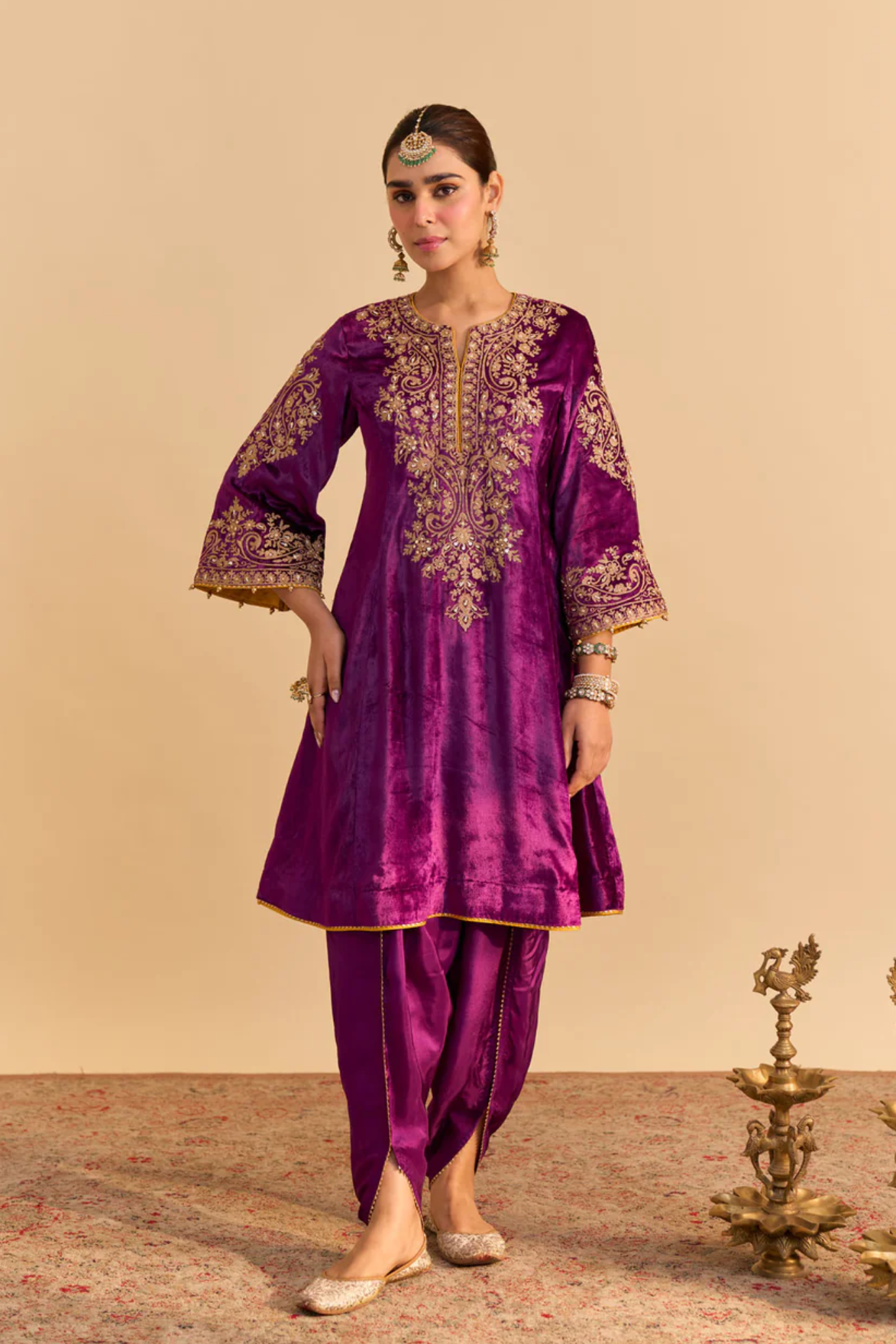 Eira - Silk Velvet Deep Purple A-line Kurta With Dhoti