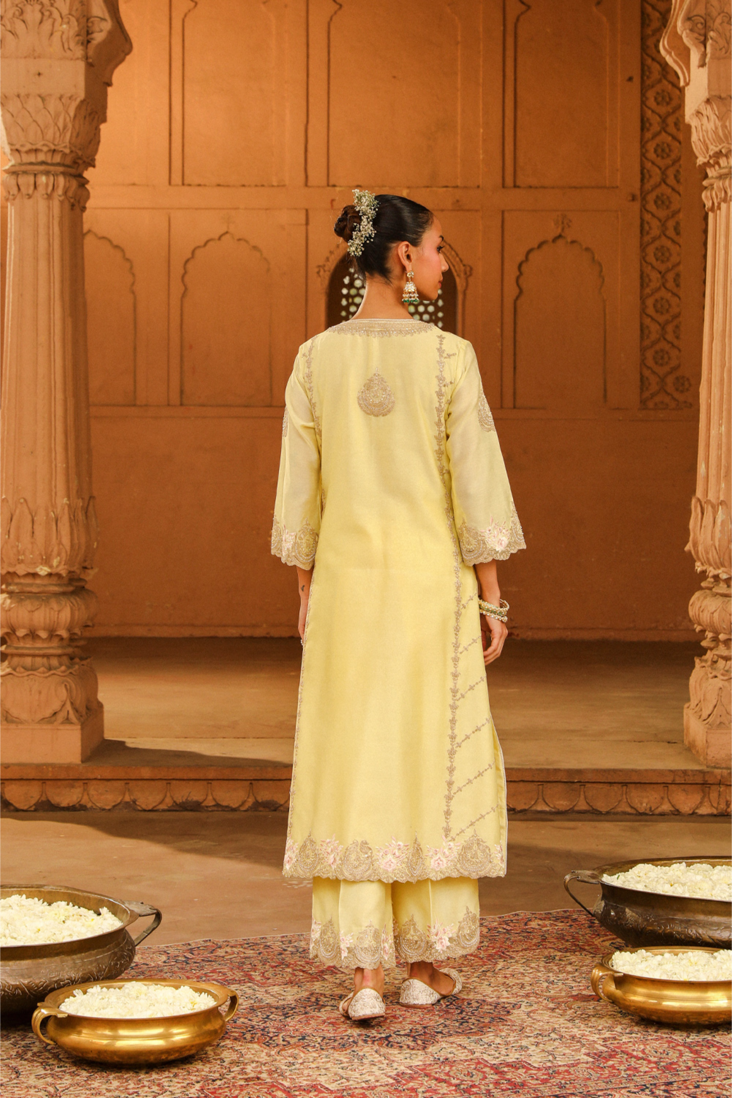 Yusra A-line palazzo suit with dupatta - Lemon Yellow