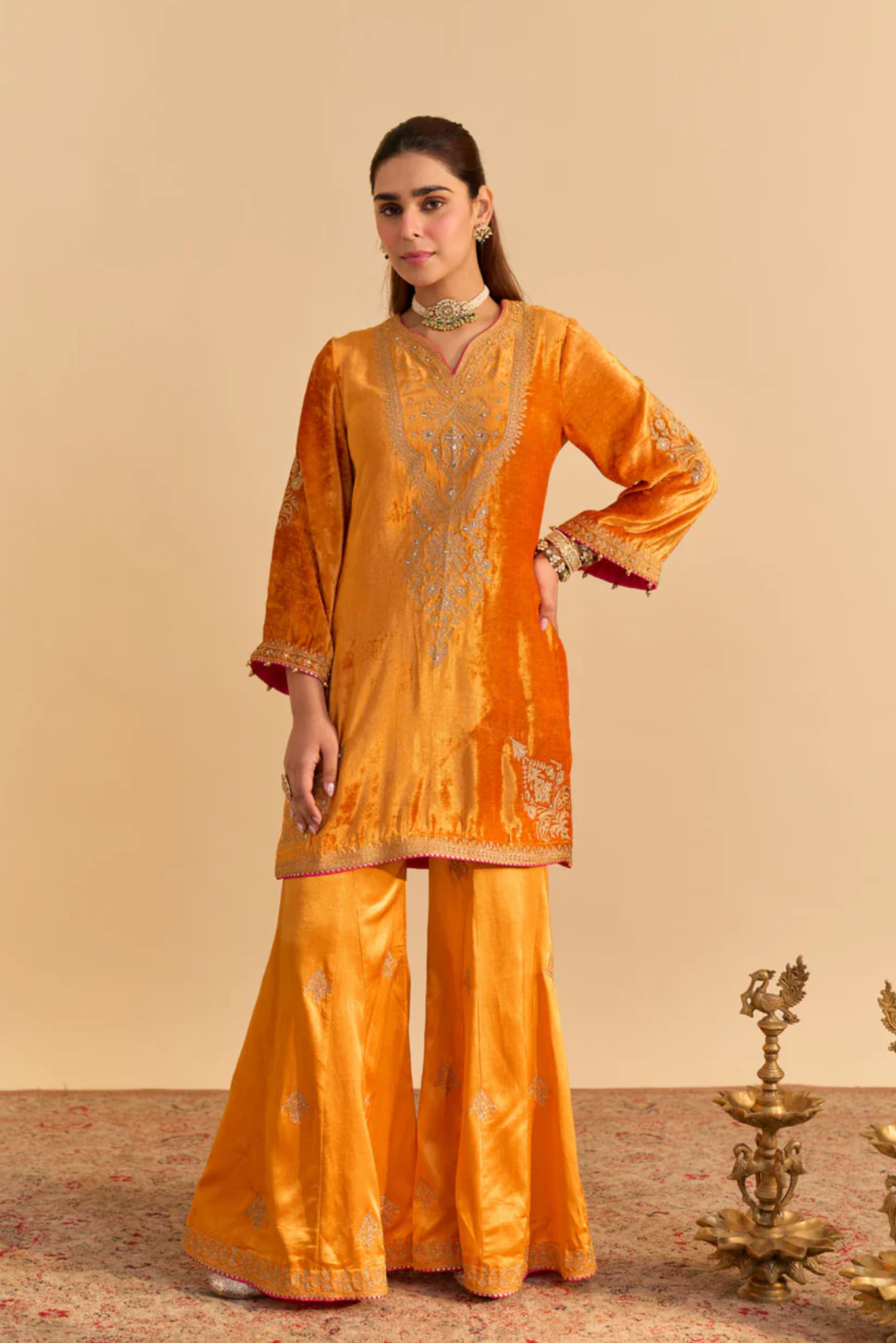 Nooren - Silk Velvet Orange Kurta With Flared Palazzo And Dupatta