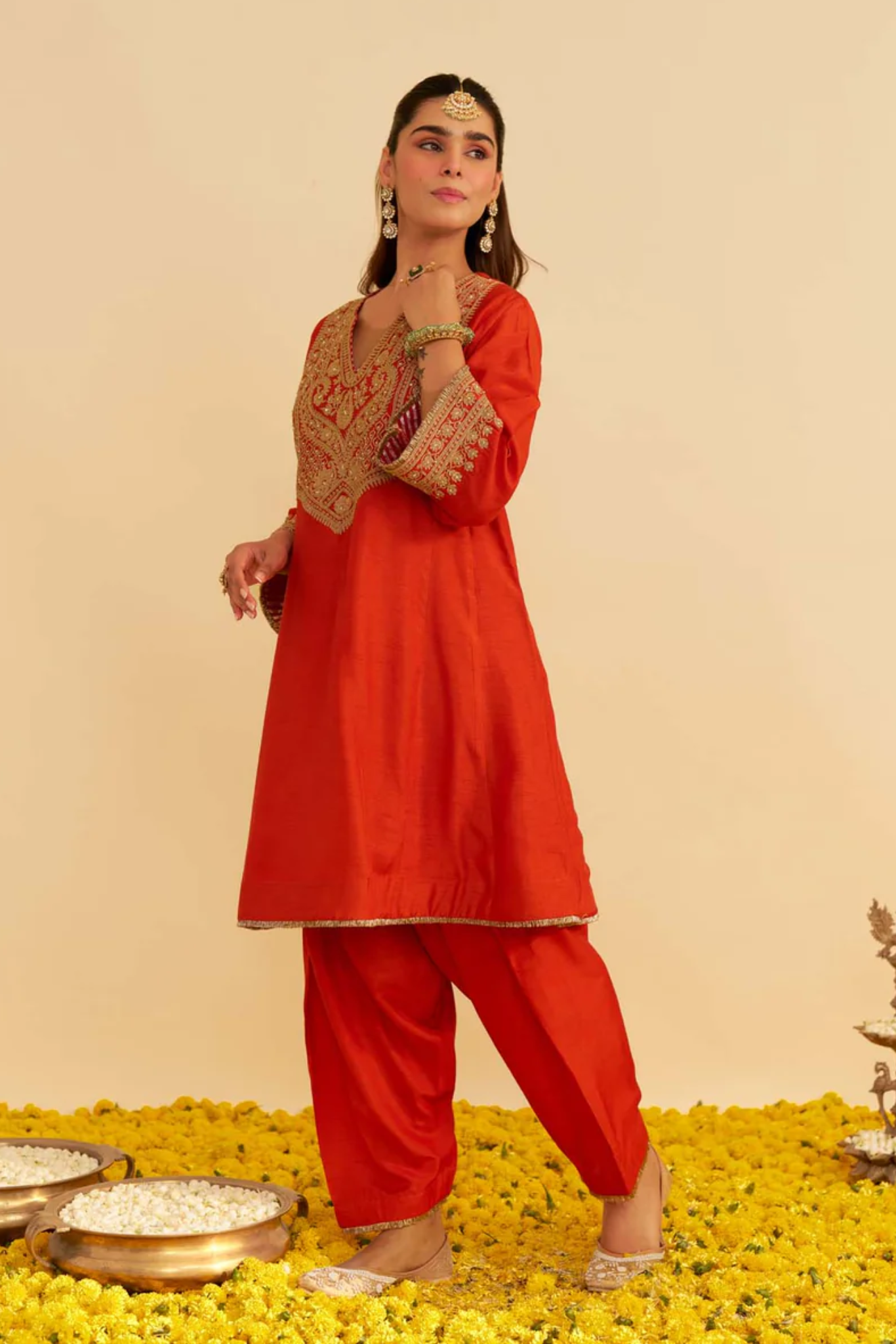 Mehza - Burnt Orange Short Chauga With Salwar and Dupatta