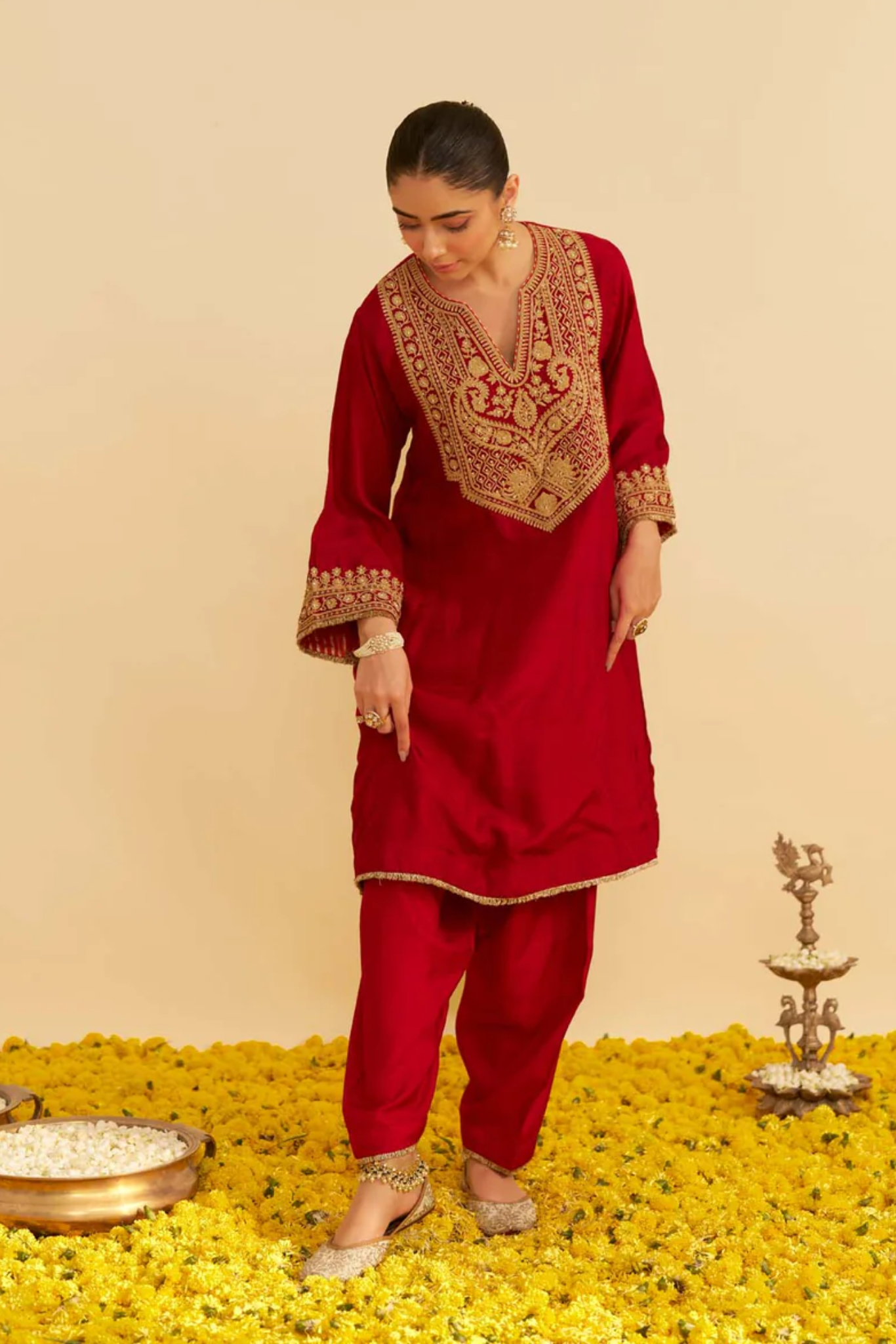 Mehza - Deep Red Short Chauga With Salwar