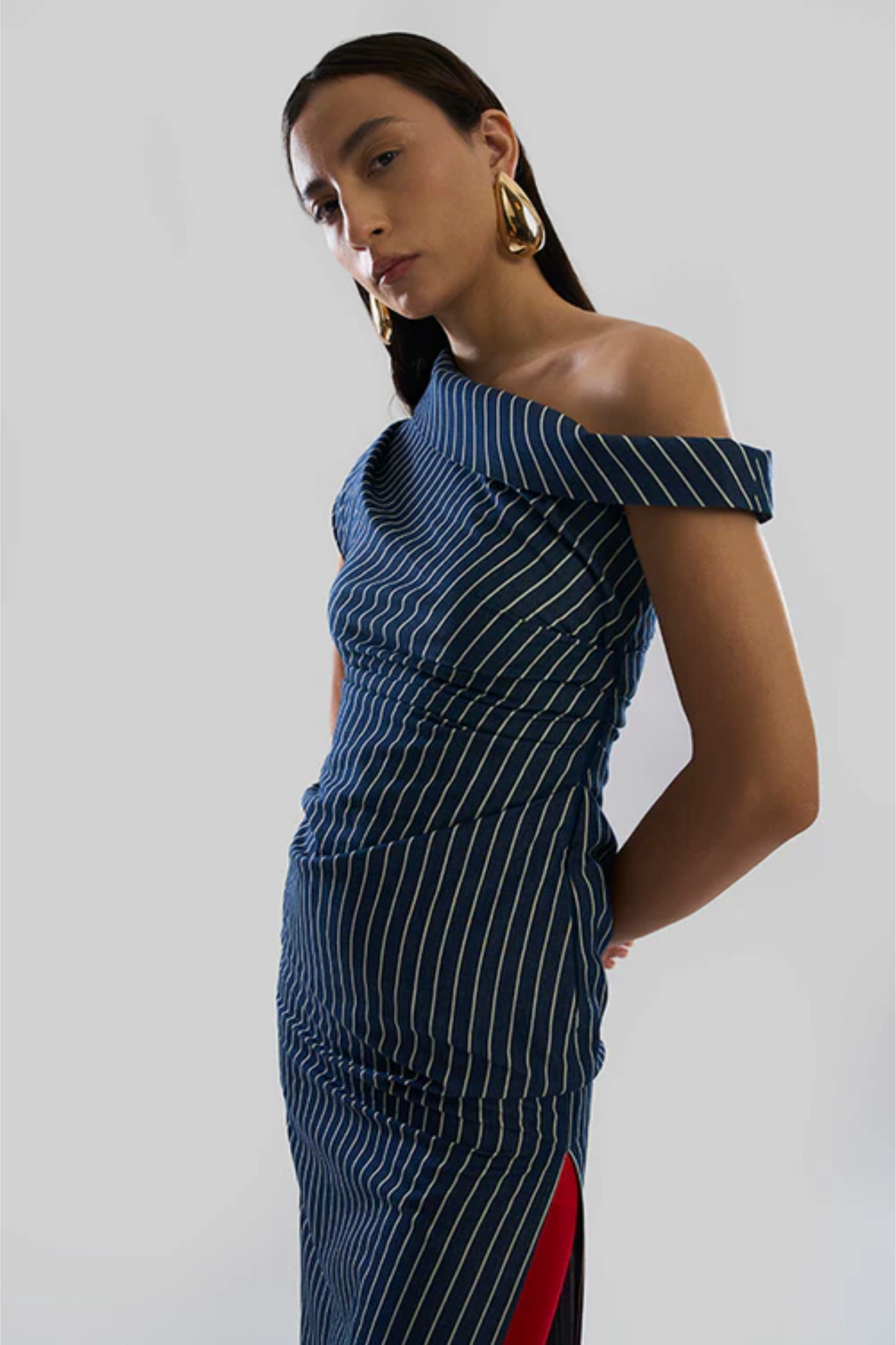 Linear Shift one shoulder Denim Dress