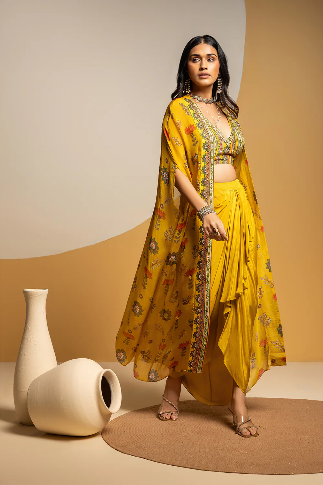 Taarani embellished drape skirt set with long cape