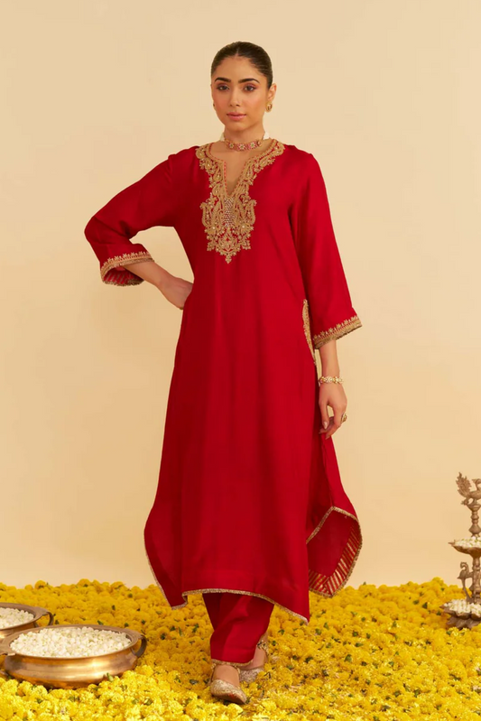 Amaya - Deep Red Long Kaftan With Salwar and Dupatta