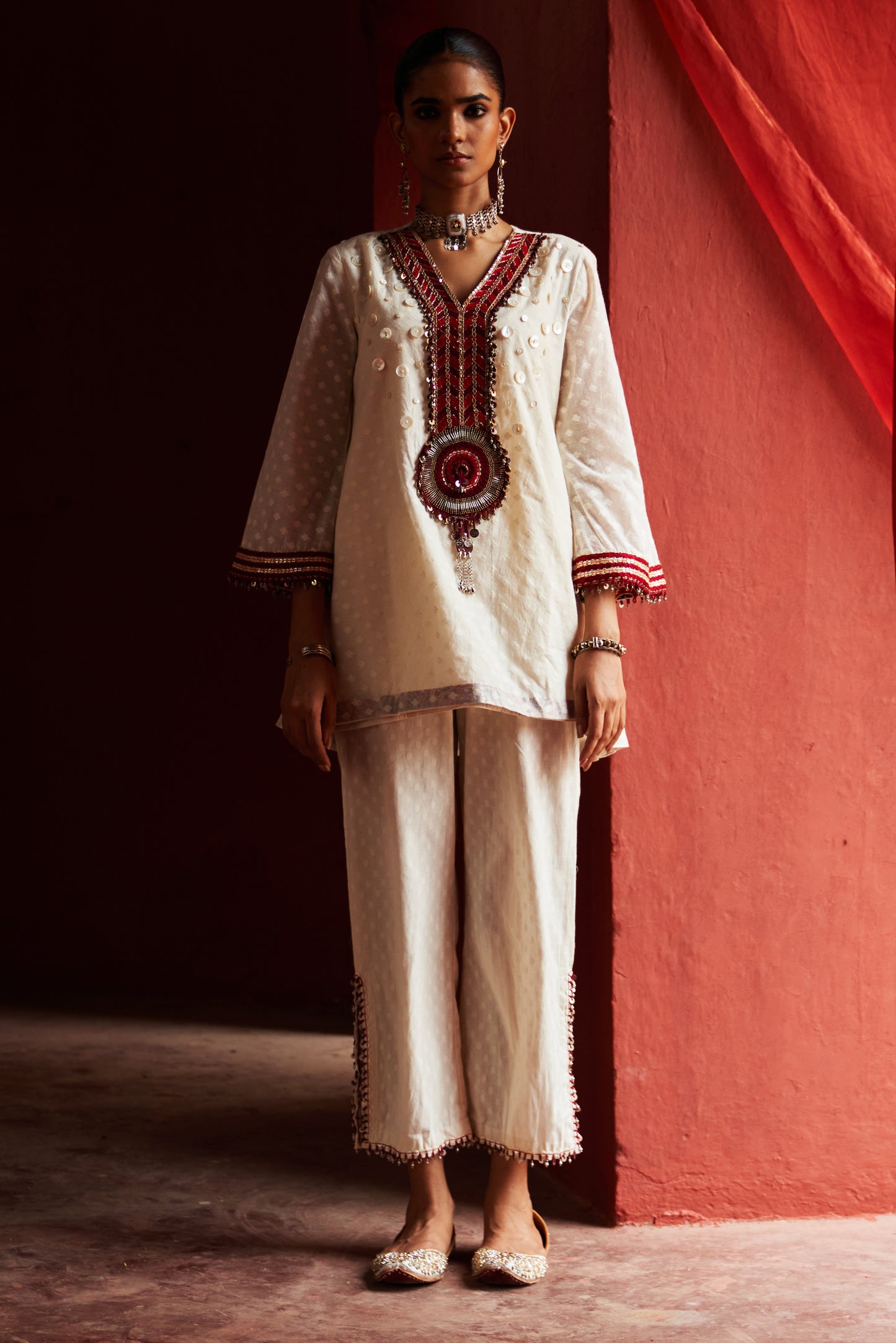 Ivory Short Kurta with Slit Pants