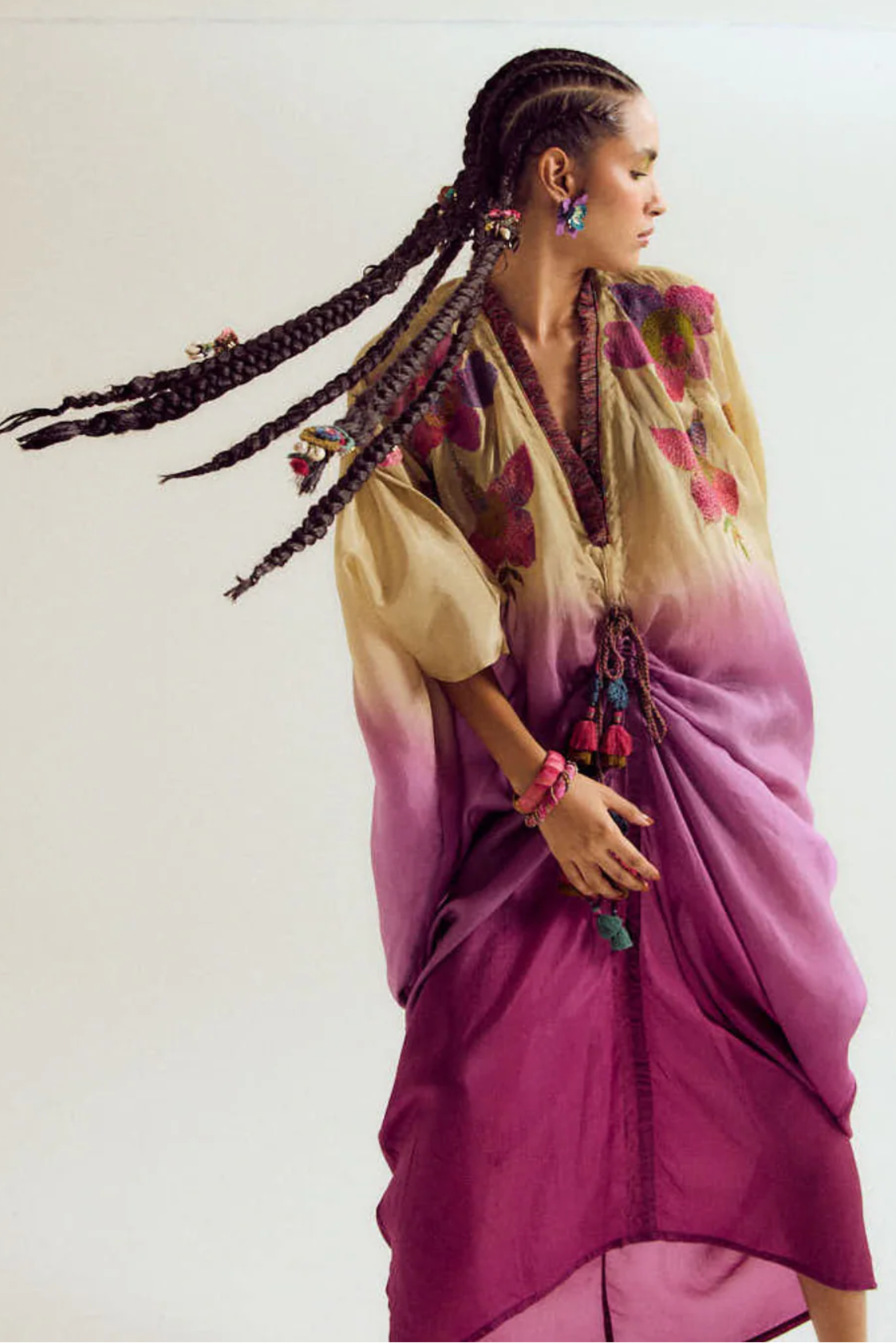 Cherry Blossom Kaftan - Ecru/Lavender