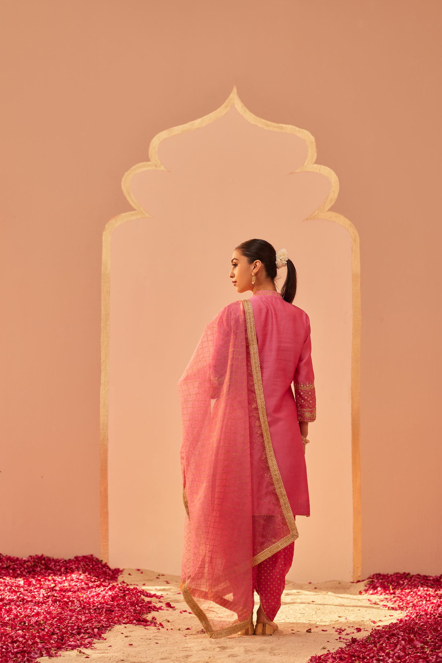 Faheeda Short Kurta with Dhoti Set - Flamingo Pink