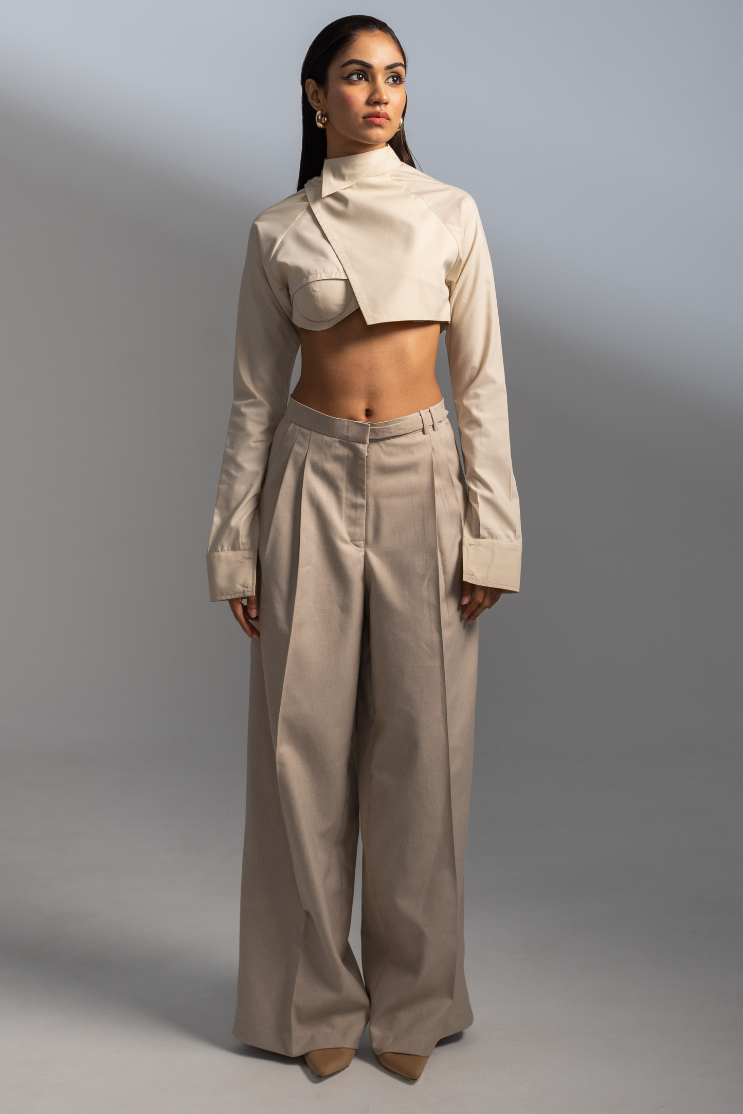 Belted Flare Trousers - Beige