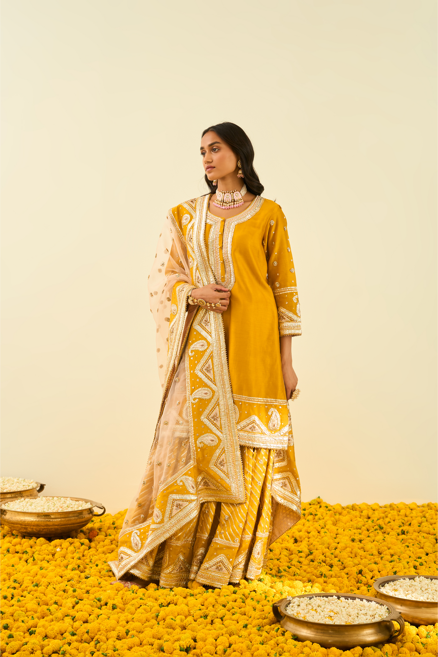 Shafna Kurta with Garara and Dupatta - Glaze Mustard