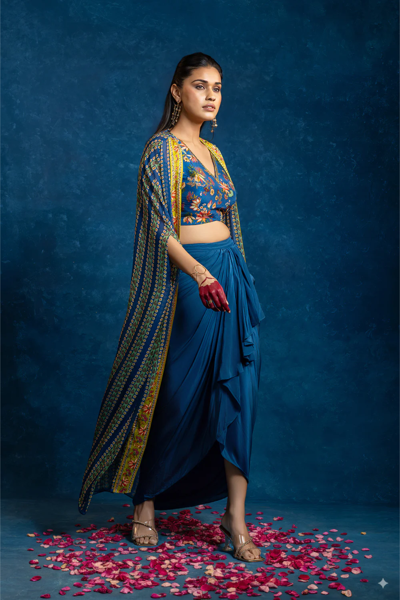 Aarani embellished drape skirt set with long cape