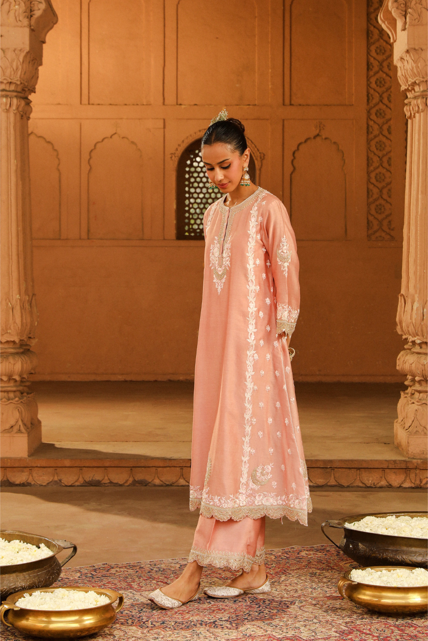 Yasna A-line palazzo suit with dupatta - Off Rose