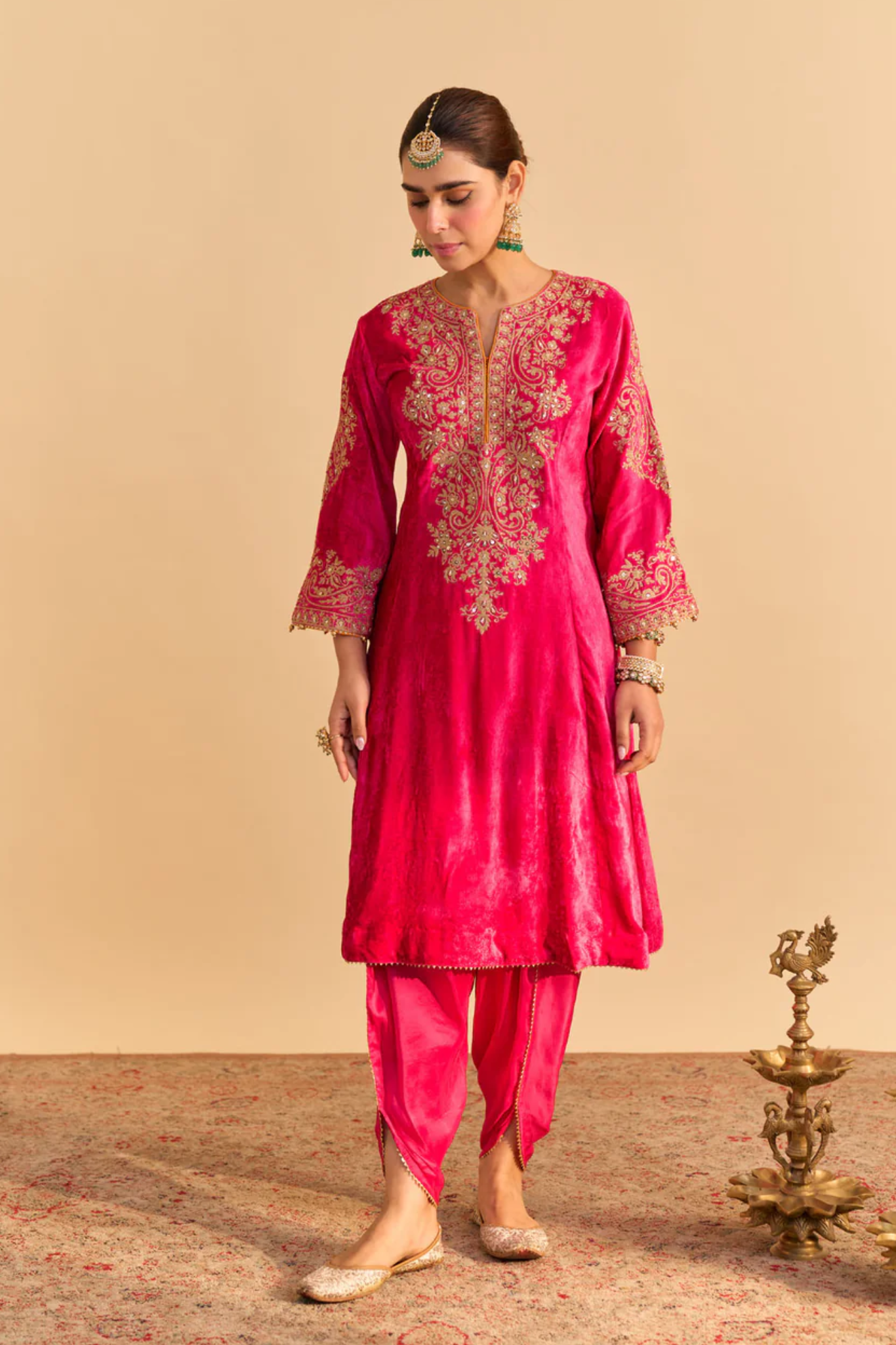 Eira - Silk Velvet Hotpink A-line Kurta With Dhoti