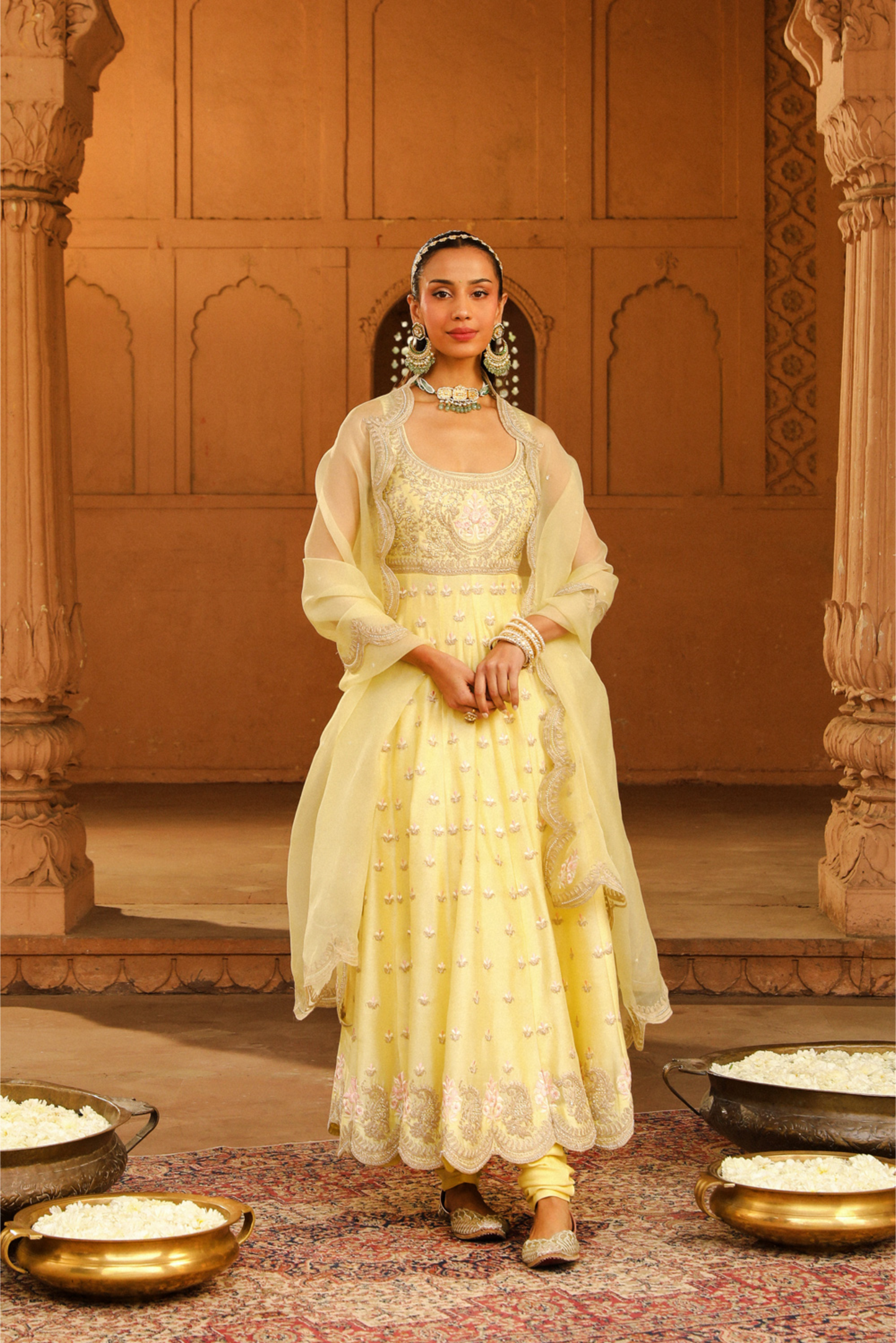 Wafiya Long Anarkali with chooridaar and dupatta - Lemon Yellow