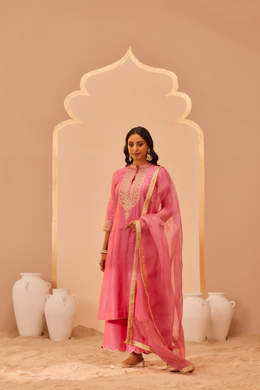 Zaniab Kurta Palazzo Set - Flamingo Pink