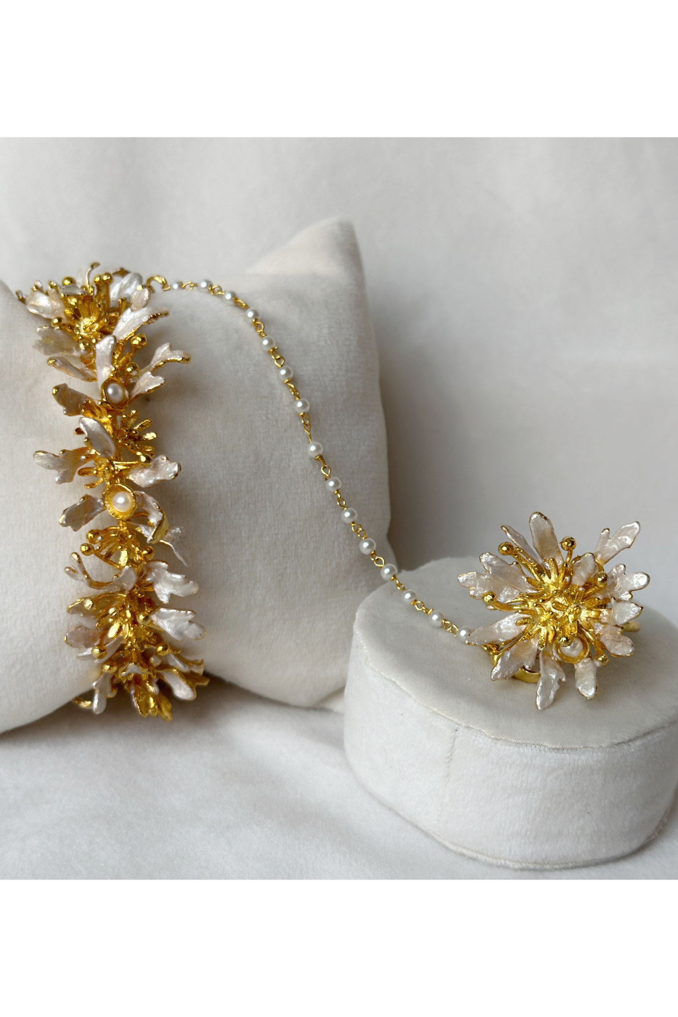 Blooming haathphool with pearls - Snowy White