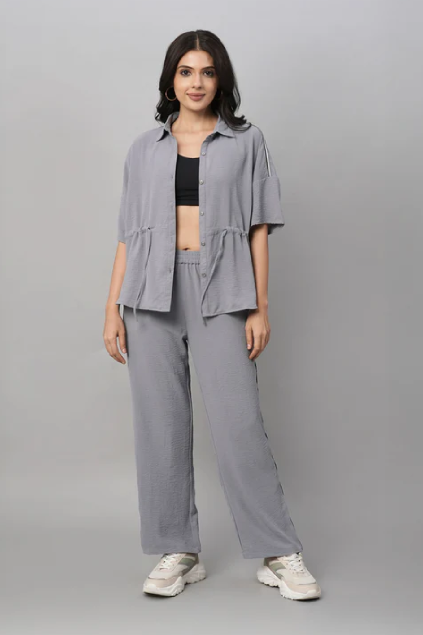 Grey Tie Up Top with Loose Pants Cord Set